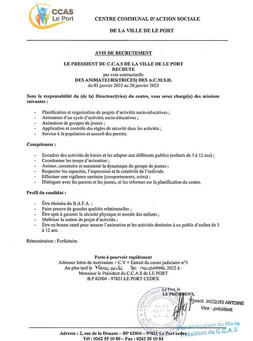 Avis de recrutement : animateurs(rices) des ACMSH